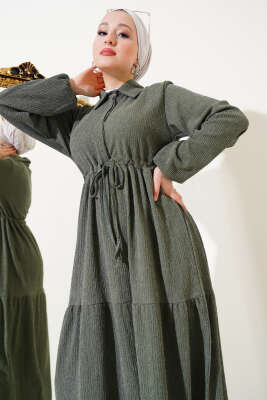 Bel Tünelli Bürümcük Elbise Çağla Yeşili - Tesettür Elbise