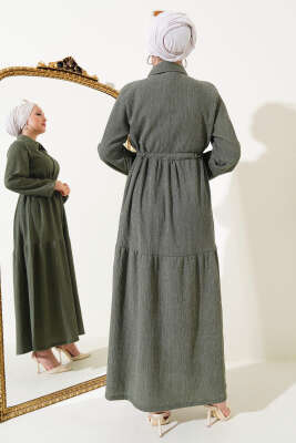 Bel Tünelli Bürümcük Elbise Çağla Yeşili - Tesettür Elbise