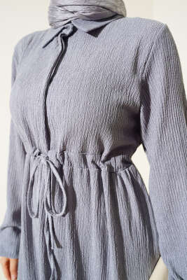 Bel Tünelli Bürümcük Elbise Gri - Tesettür Elbise