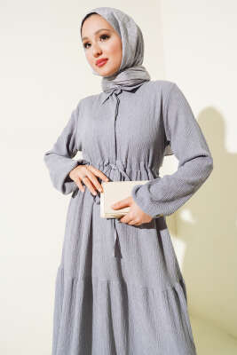 Bel Tünelli Bürümcük Elbise Gri - Tesettür Elbise