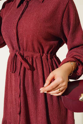 Bel Tünelli Bürümcük Elbise Gül Kurusu - Tesettür Elbise