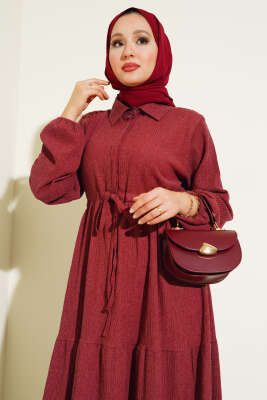 Bel Tünelli Bürümcük Elbise Gül Kurusu - Tesettür Elbise