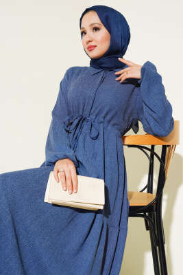 Bel Tünelli Bürümcük Elbise İndigo - Tesettür Elbise