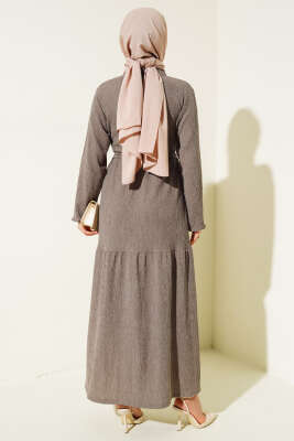 Bel Tünelli Bürümcük Elbise Vizon - Tesettür Elbise
