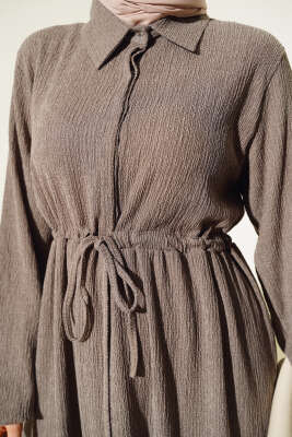 Bel Tünelli Bürümcük Elbise Vizon - Tesettür Elbise