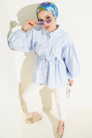 Bel Tünelli Büzgü Detaylı Gömlek Buz Mavisi - Gömlek