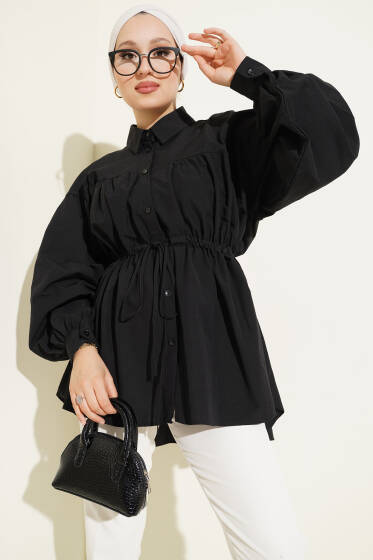 Bel Tünelli Büzgü Detaylı Gömlek Siyah - Gömlek