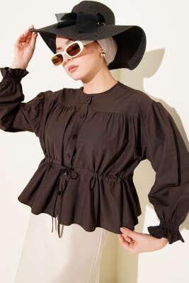 Bel Tünelli Büzgülü Kısa Gömlek Acı Kahve - DUFON