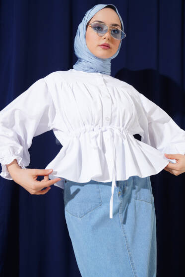 Bel Tünelli Büzgülü Kısa Gömlek Beyaz - Gömlek