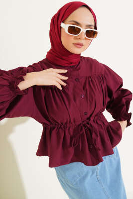 Bel Tünelli Büzgülü Kısa Gömlek Bordo - 300-500 TL Ürünler
