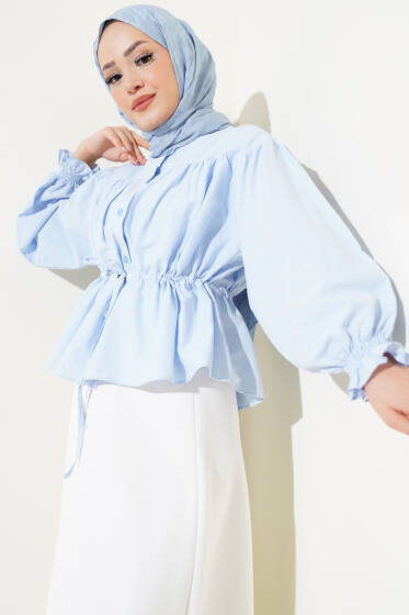 Bel Tünelli Büzgülü Kısa Gömlek Buz Mavisi - Gömlek