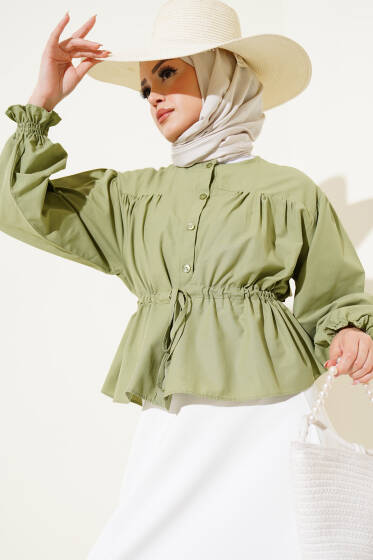 Bel Tünelli Büzgülü Kısa Gömlek Haki - Gömlek