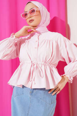 Bel Tünelli Büzgülü Kısa Gömlek Pembe - 300-500 TL Ürünler