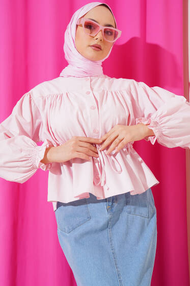 Bel Tünelli Büzgülü Kısa Gömlek Pembe - Gömlek