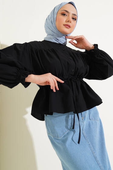 Bel Tünelli Büzgülü Kısa Gömlek Siyah - Gömlek