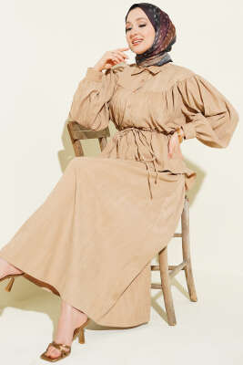 Bel Tünelli Büzgülü Tensel Etekli Takım Bej - NEVA MODA