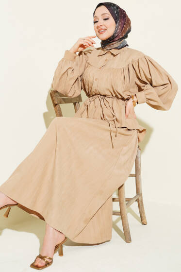 Bel Tünelli Büzgülü Tensel Etekli Takım Bej - İkili Takım