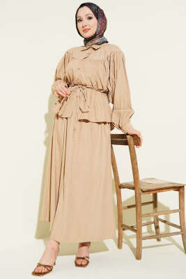 Bel Tünelli Büzgülü Tensel Etekli Takım Bej - İkili Takım