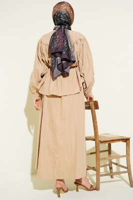 Bel Tünelli Büzgülü Tensel Etekli Takım Bej - İkili Takım