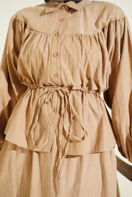 Bel Tünelli Büzgülü Tensel Etekli Takım Bej - İkili Takım