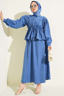 Bel Tünelli Büzgülü Tensel Etekli Takım İndigo - NEVA MODA