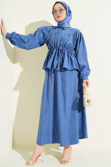 Bel Tünelli Büzgülü Tensel Etekli Takım İndigo - İkili Takım