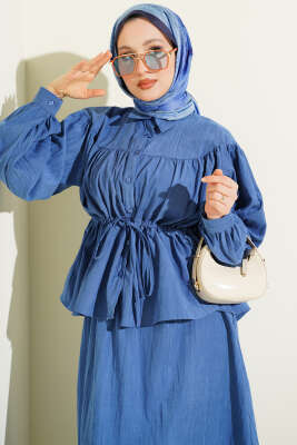 Bel Tünelli Büzgülü Tensel Etekli Takım İndigo - İkili Takım