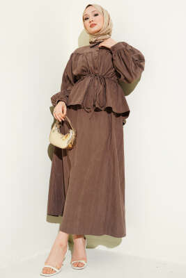 Bel Tünelli Büzgülü Tensel Etekli Takım Kahve - NEVA MODA