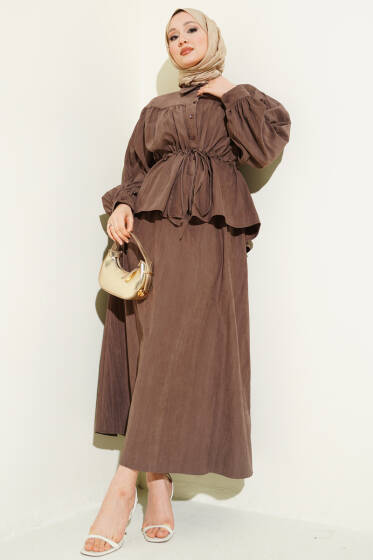 Bel Tünelli Büzgülü Tensel Etekli Takım Kahve - İkili Takım