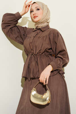 Bel Tünelli Büzgülü Tensel Etekli Takım Kahve - İkili Takım