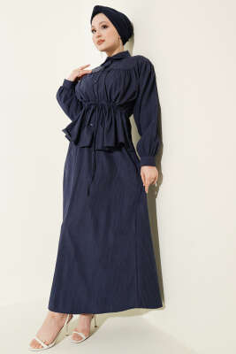 Bel Tünelli Büzgülü Tensel Etekli Takım Lacivert - NEVA MODA