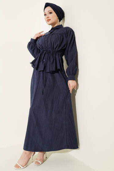 Bel Tünelli Büzgülü Tensel Etekli Takım Lacivert - İkili Takım