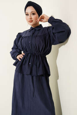 Bel Tünelli Büzgülü Tensel Etekli Takım Lacivert - İkili Takım