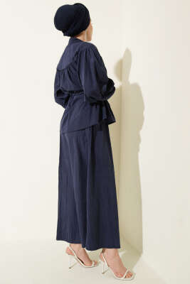 Bel Tünelli Büzgülü Tensel Etekli Takım Lacivert - İkili Takım
