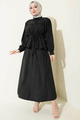 Bel Tünelli Büzgülü Tensel Etekli Takım Siyah - NEVA MODA
