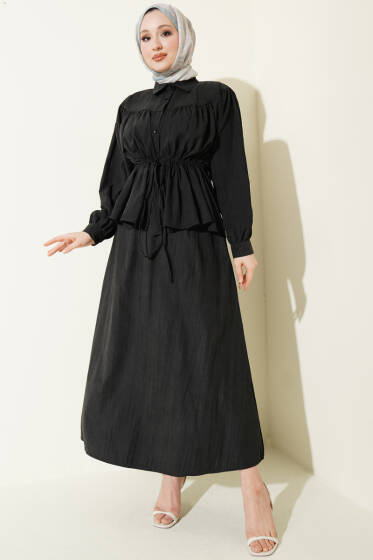 Bel Tünelli Büzgülü Tensel Etekli Takım Siyah - İkili Takım