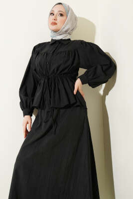 Bel Tünelli Büzgülü Tensel Etekli Takım Siyah - İkili Takım