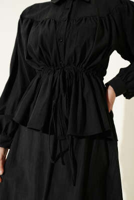 Bel Tünelli Büzgülü Tensel Etekli Takım Siyah - İkili Takım