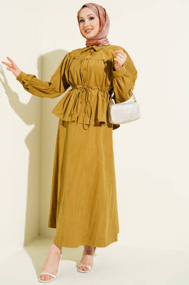 Bel Tünelli Büzgülü Tensel Etekli Takım Yağ Yeşili - İkili Takım