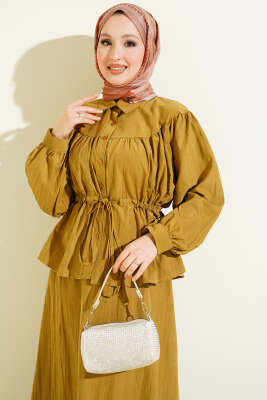 Bel Tünelli Büzgülü Tensel Etekli Takım Yağ Yeşili - İkili Takım