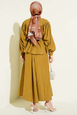 Bel Tünelli Büzgülü Tensel Etekli Takım Yağ Yeşili - İkili Takım