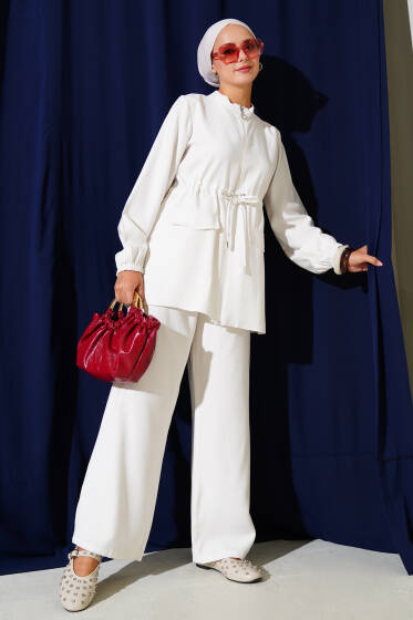 Bel Tünelli Cep Kapaklı Tensel İkili Takım Beyaz - İkili Takım