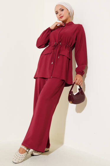 Bel Tünelli Cep Kapaklı Tensel İkili Takım Bordo - İkili Takım
