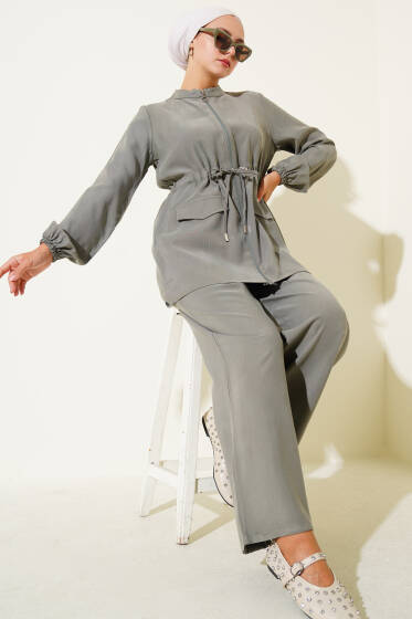 Bel Tünelli Cep Kapaklı Tensel İkili Takım Haki - İkili Takım