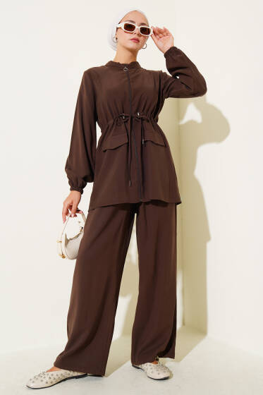 Bel Tünelli Cep Kapaklı Tensel İkili Takım Kahve - İkili Takım