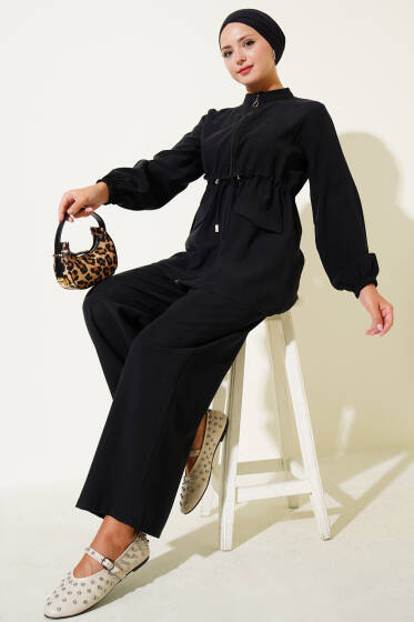 Bel Tünelli Cep Kapaklı Tensel İkili Takım Siyah - İkili Takım
