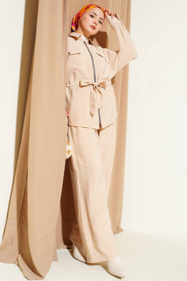 Bel Tünelli Çift Cepli İkili Takım Bej - İkili Takım