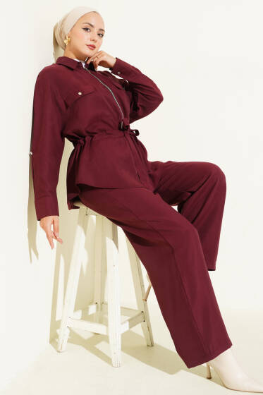 Bel Tünelli Çift Cepli İkili Takım Bordo - İkili Takım