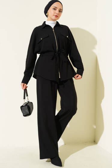 Bel Tünelli Çift Cepli İkili Takım Siyah - İkili Takım
