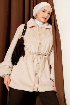 Bel Tünelli Çıtçıtlı Peluş Ceket Bej - VAV TEKSTİL